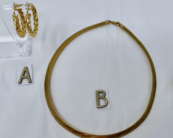 Milor Italy Omega Chain Necklace 20" Yellow Gold Tone Herringbone & Hoop Earrings Options A B