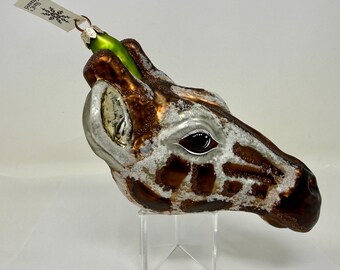 Vintage Slavic Treasures Giraffe Head Glass Christmas Ornament Poland Hand Blown Large 8"