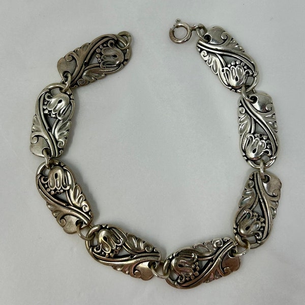 Pulsera vintage de plata de ley con eslabones florales, hojas y flores 925 Art Nouveau