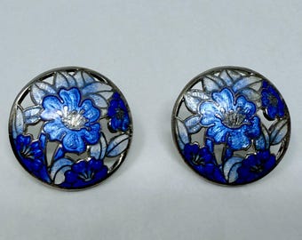Vintage Blue Floral Enamel Earrings – Silver Tone Filigree Round Posts, 1.25" Statement Studs Blue Morning Glory floral hibiscus blossoms