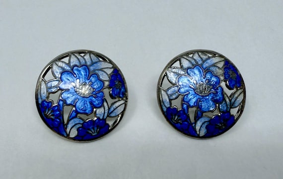 Vintage Blue Floral Enamel Earrings – Silver Tone Filigree Round Posts, 1.25" Statement Studs Blue Morning Glory floral hibiscus blossoms
