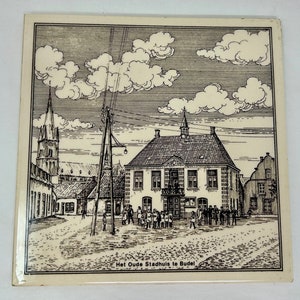Vintage Dutch Ceramic Tile – Het Oude Stadhuis te Budel Netherlands Town Hall Sketch – 6&quot; x 6&quot; Wall Art