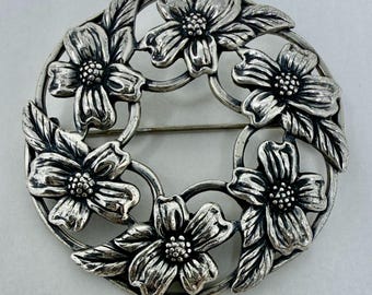 Dane Craft Sterling Silver Flower Brooch Dogwood Wreath Pin Vintage 925 Floral Circle Brooch 2 Inch Signed Jewelry