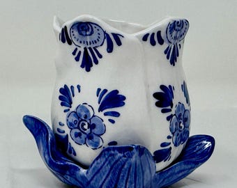 Vintage Delft Blue White Tulip Candlestick Holder – Hand-Painted Dutch Pottery  Holland flowers