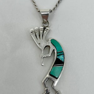 vintage Kokopelli necklace pendant Southwestern sterling silver dancer musician turquoise opal