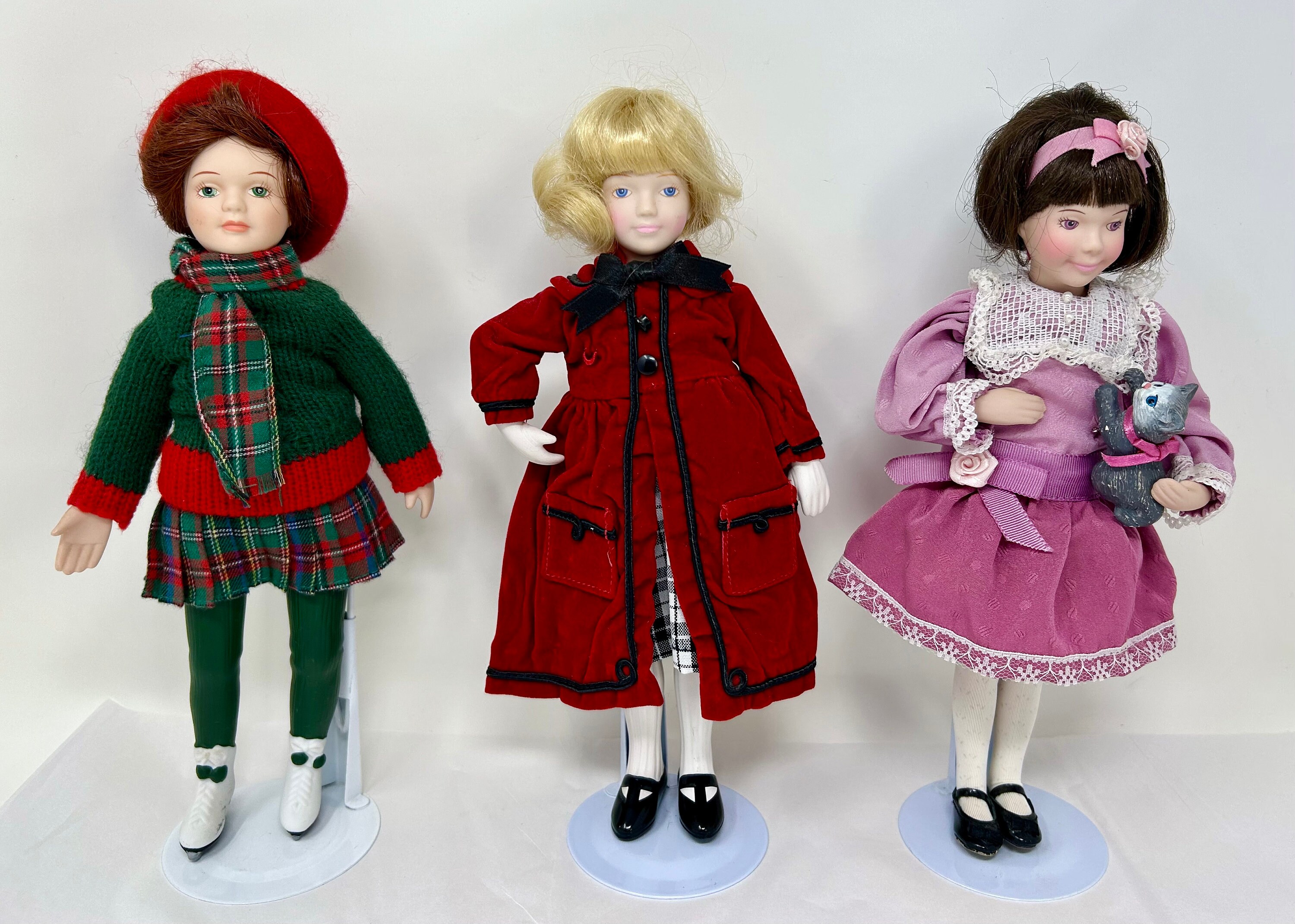 vintage Avon porcelain girl doll 10" "Favorite Dolly" "Kitty Love" "Skating Party" cat iceskating Victorian holiday Christmas