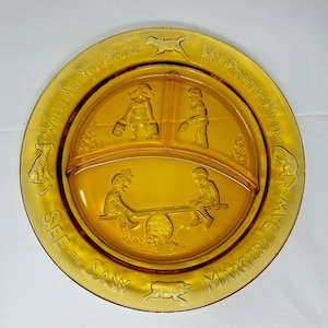 Vintage Tiara Glass Amber Nursery Rhyme Plate – “See-Saw Margery Daw” Divided Children’s Plate – Marigold Glass Baby Dish