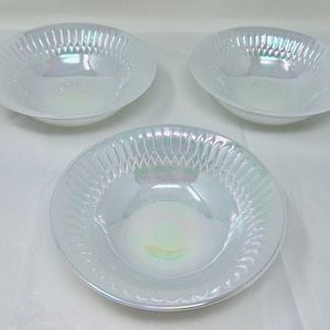 Ensemble vintage de 3 bols en verre Federal, blanc irisé, dépression pressée lune, lueur aurore