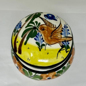 Vintage Mexican Pottery Trinket Box Hand Painted Bird Ceramic Jewelry Box Mexico
