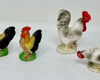 Zestaw 4 zabytkowych solniczek i pieprzniczek Enesco Rooster & Hen, ręcznie malowana porcelana, wyprodukowana w Japonii