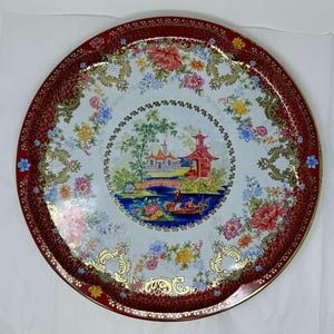 vintage large Daher round tin metal tray Asian Pagoda floral flowers chinoiserie England 16&quot;