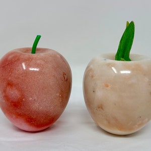 Set of 2 Italian Alabaster Fruit Apples – Polished Pink & Cream Marble Stone Decor, Vintage Hand-Carved Italy