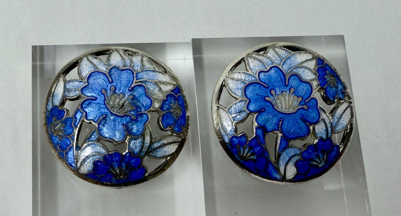 May include: Two round, silver-toned earrings with a floral design. Each earring features a blue flower with white and blue leaves, set within a circular, openwork frame. The earrings are displayed on clear acrylic stands.