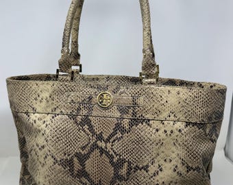 Tory Burch Python Embossed Leather Tote Bag Large Gold Logo Structured Carryall Neutral Snake Print