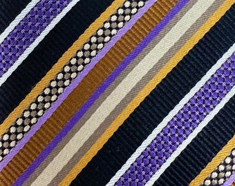 JZ Boulder Striped Silk Tie – Black, Gold, Purple & Tan Diagonal Stripe Necktie – 3.5” width