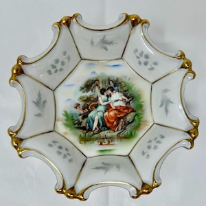 vintage VEB Jimenau Graf von Henneberg plate Germany 1777 dish bowl gold Victorian couple courting