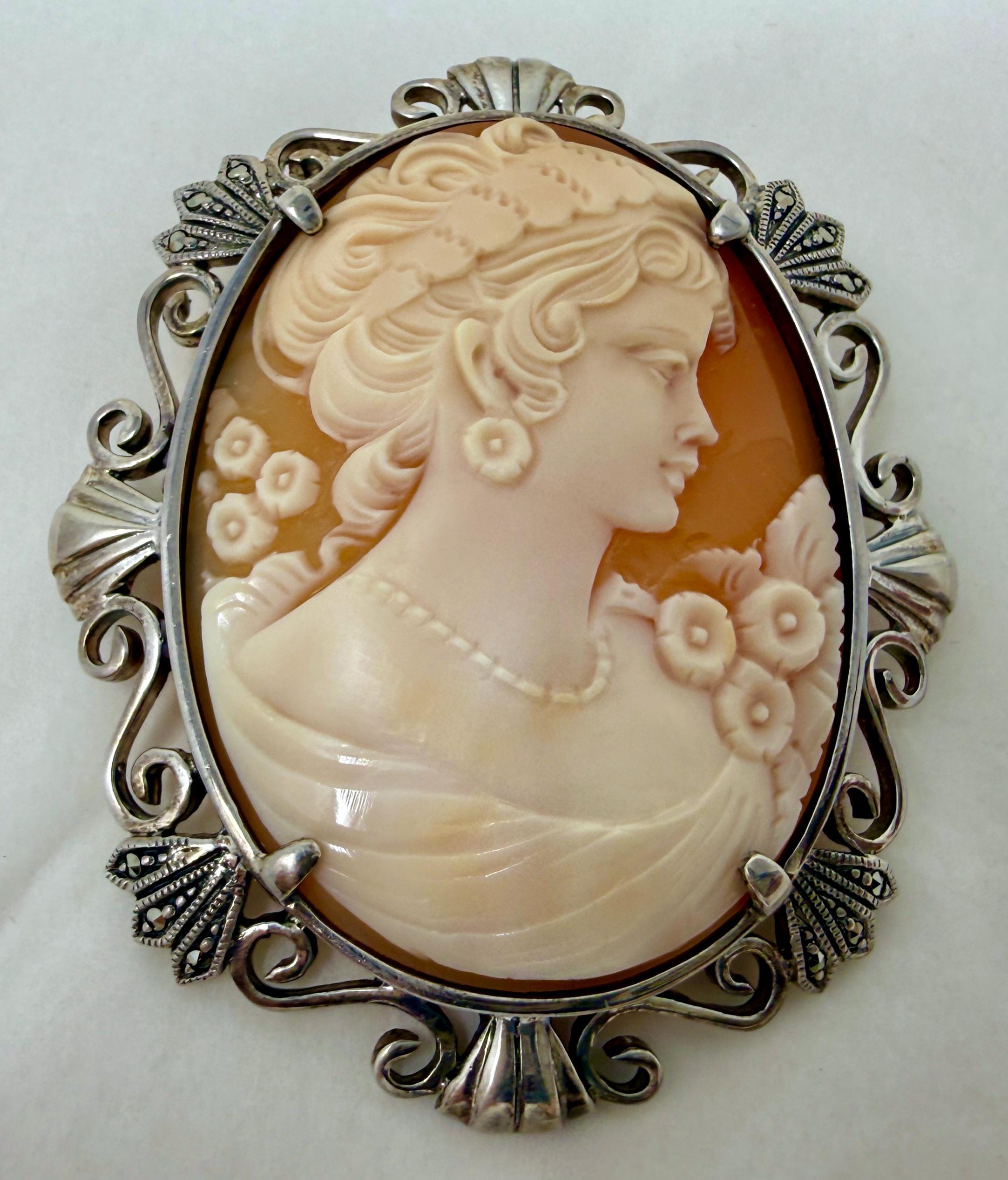 Large Vintage Shell Cameo Brooch Pendant 925 Sterling Silver | Hand ...