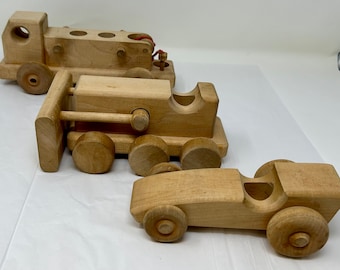 3 vintage wooden toys wood race car truck plow peg people eco friendly sustainable hand made