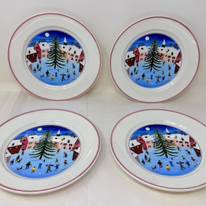 Set of 4 Villeroy & Boch Naif Christmas Salad Plates – Winter Village Scene by Laplau – 8&quot; Porcelain Holiday Dinnerware