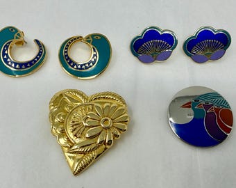 Laurel Burch Jewelry Vintage Earrings Brooch Bird Cat Gold Silver A B C D