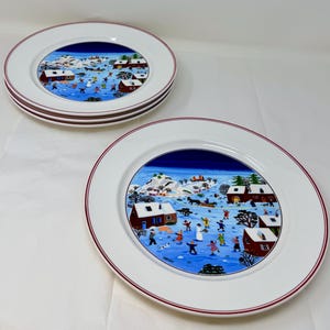 Set of 4 Villeroy & Boch Naif Christmas Dinner Plates – Winter Village Scene by Laplau – 10.5&quot; Porcelain Holiday Dinnerware