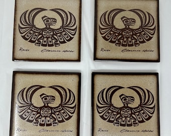 Set von 4 Clarence Wells Keramikfliesen Untersetzer Indianer Rabe