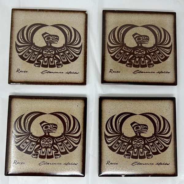 set of 4 Clarence Wells ceramic tiles coasters trivet Indian raven