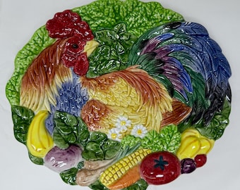 Fitz and Floyd Classics Rooster Wall Plate, Vintage Colorful Farmhouse Kitchen Decor, Ceramic Wall Hanging