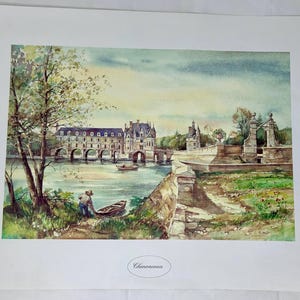 Vintage Château de Chenonceau Art Print – Loire Valley France Castle Landscape – C. Rous Watercolor Style Print on Paper
