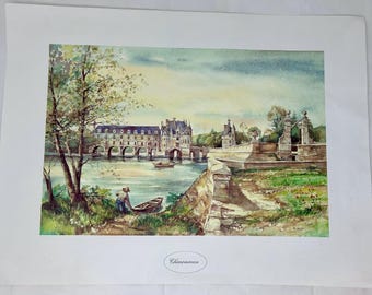 Vintage Château de Chenonceau Art Print – Loire Valley France Castle Landscape – C. Rous Watercolor Style Print on Paper