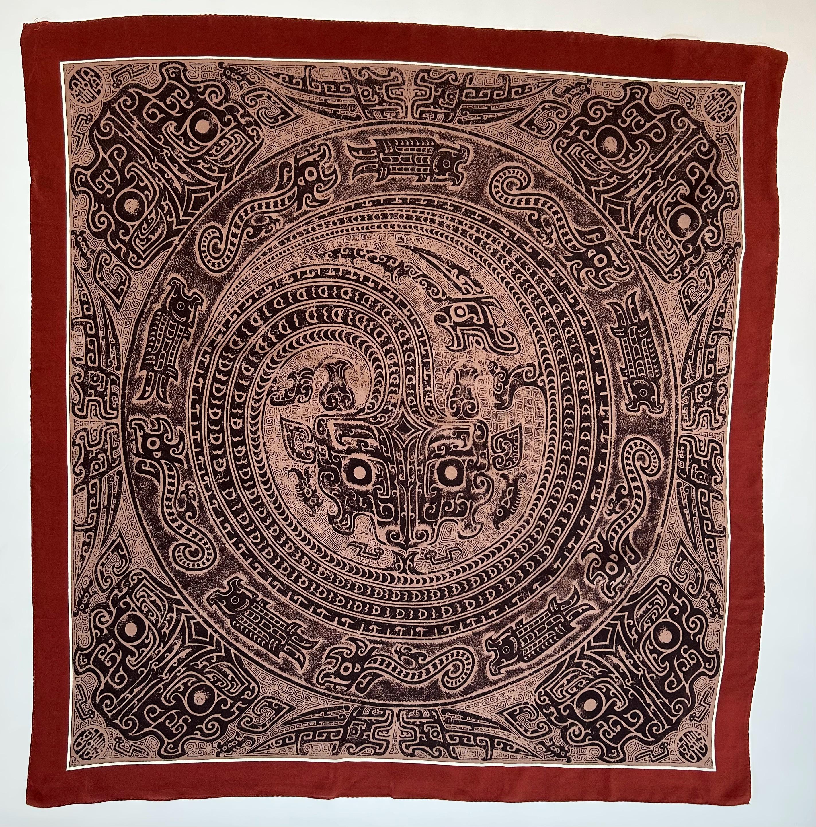 Large Vintage 100% Silk Scarf – Mesoamerican Serpent Motif – Brown & Black – Aztec Mayan-Inspired Quetzalcoatl Design – Ethnic Tribal Wrap