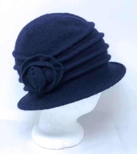 100% wool hat Tickled Pink navy blue bucket flower