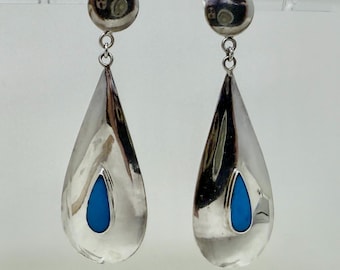 Sterling Silver Teardrop Earrings | 925 Modernist Mexican Style Drop Earrings with Turquoise Inlay | Vintage Sculptural Silver Jewelry