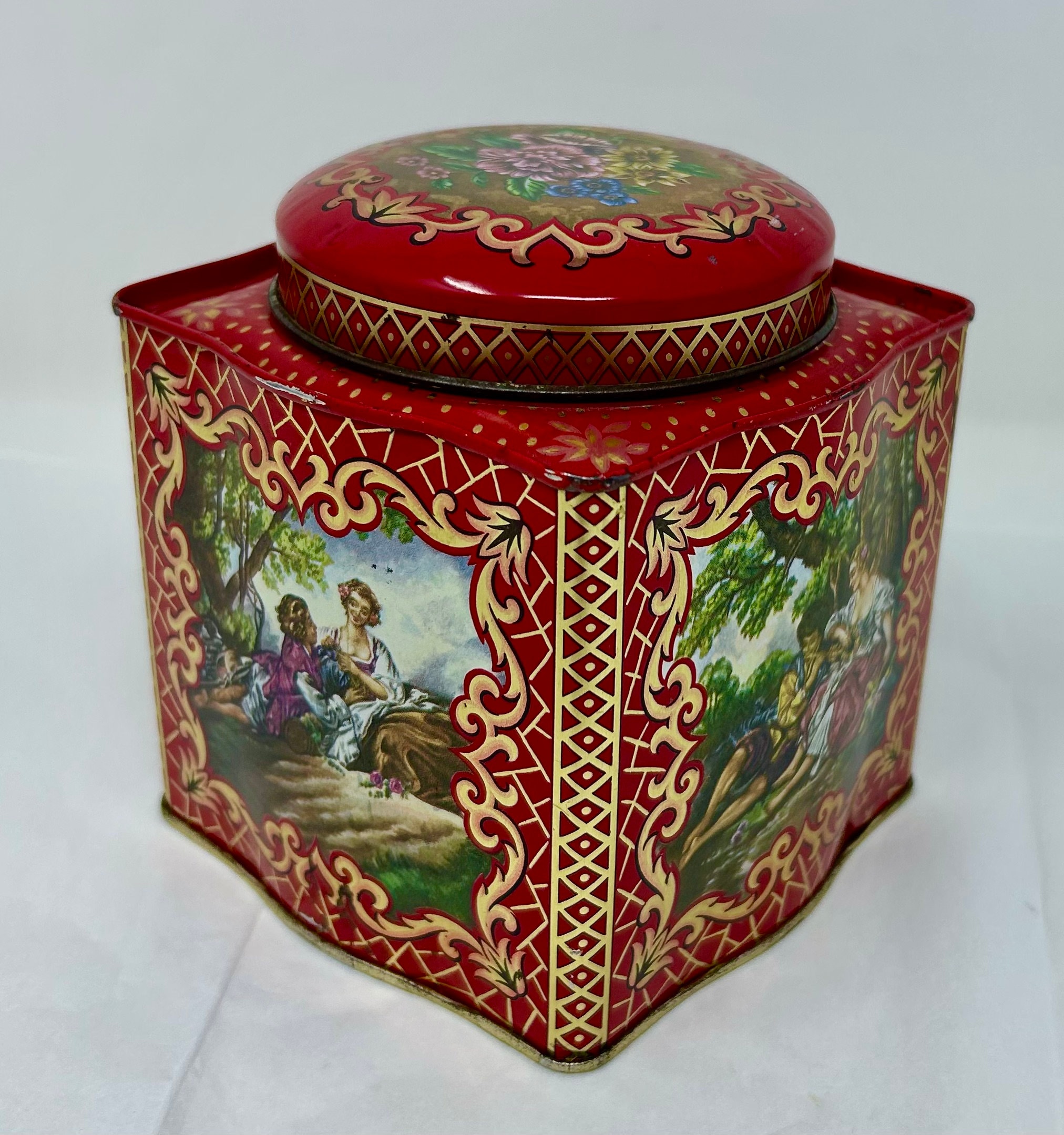 Vintage Daher Red Tea Tin – Victorian Courting Scene Metal Canister
