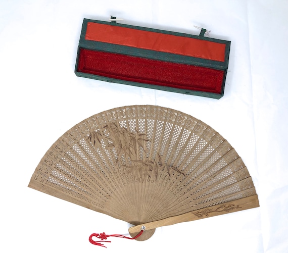 Bamboo Folding Hand Fan Vintage painted cut-outs … - image 1