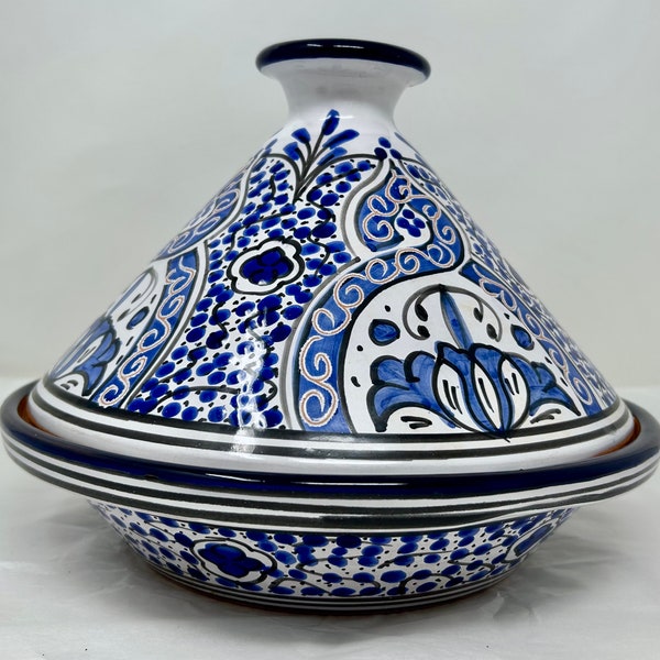 Terracotta Tagine pot lid Tunisia hand painted blue white cookware crockpot hand painted