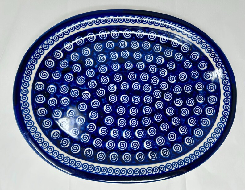 Boleslawiec serving platter płatę Poland Polish pottery ceramic blue white peacock 13 long tray