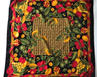 Vintage Italian Silk-Feel Scarf – Fruit & Leaves Design – Black, Red, Yellow  Green – Square Wrap – Made in Italy