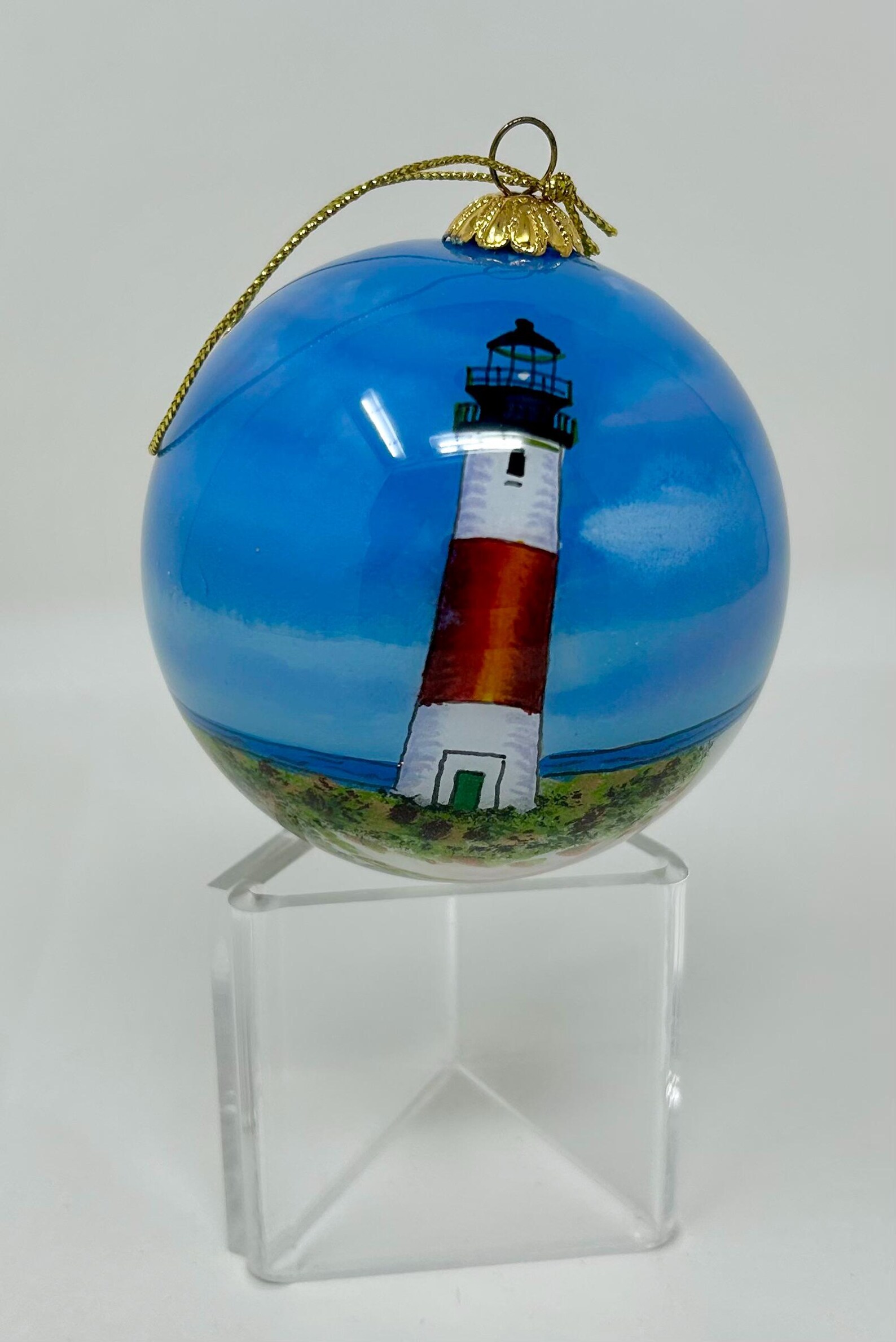 Lighthouse Ball Vintage Reverse Painted Glass Ball Ornament Lighthouse KP Seaside Sea ...