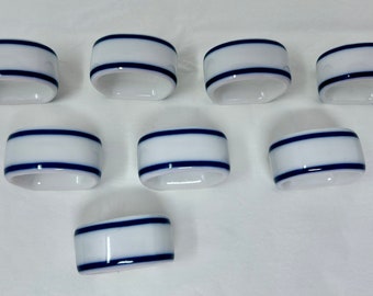 set of 8 Dansk napkin rings porcelain Bistro blue white