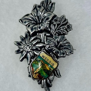 vintage Weggis Lucerne Switzerland hat pin souvenir Lake Souvenir with Edelweiss & Alpine Flowers