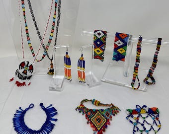 Vintage Beaded Jewelry Lot Tribal Necklace Bracelets Earrings Colorful Boho Set