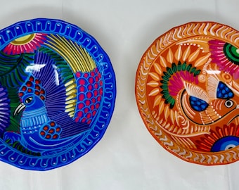 set of 2 Mexico Mexican bird hand painted orange blue salsa guacamole bowls serving guacamole footed