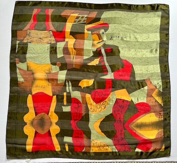 Picasso scarf abstract polyester square green yel… - image 1