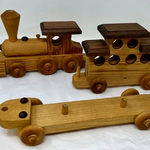 antique vintage set of 3 wood wooden hand crafted train cars engine larger scale woodwork toy locomotive