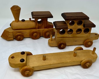 antique vintage set of 3 wood wooden hand crafted train cars engine larger scale woodwork toy locomotive
