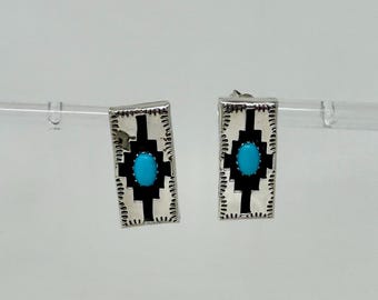 Pendientes vintage de plata de ley con turquesa, firmados por P Sterling, estilo Navajo del suroeste, geométricos.