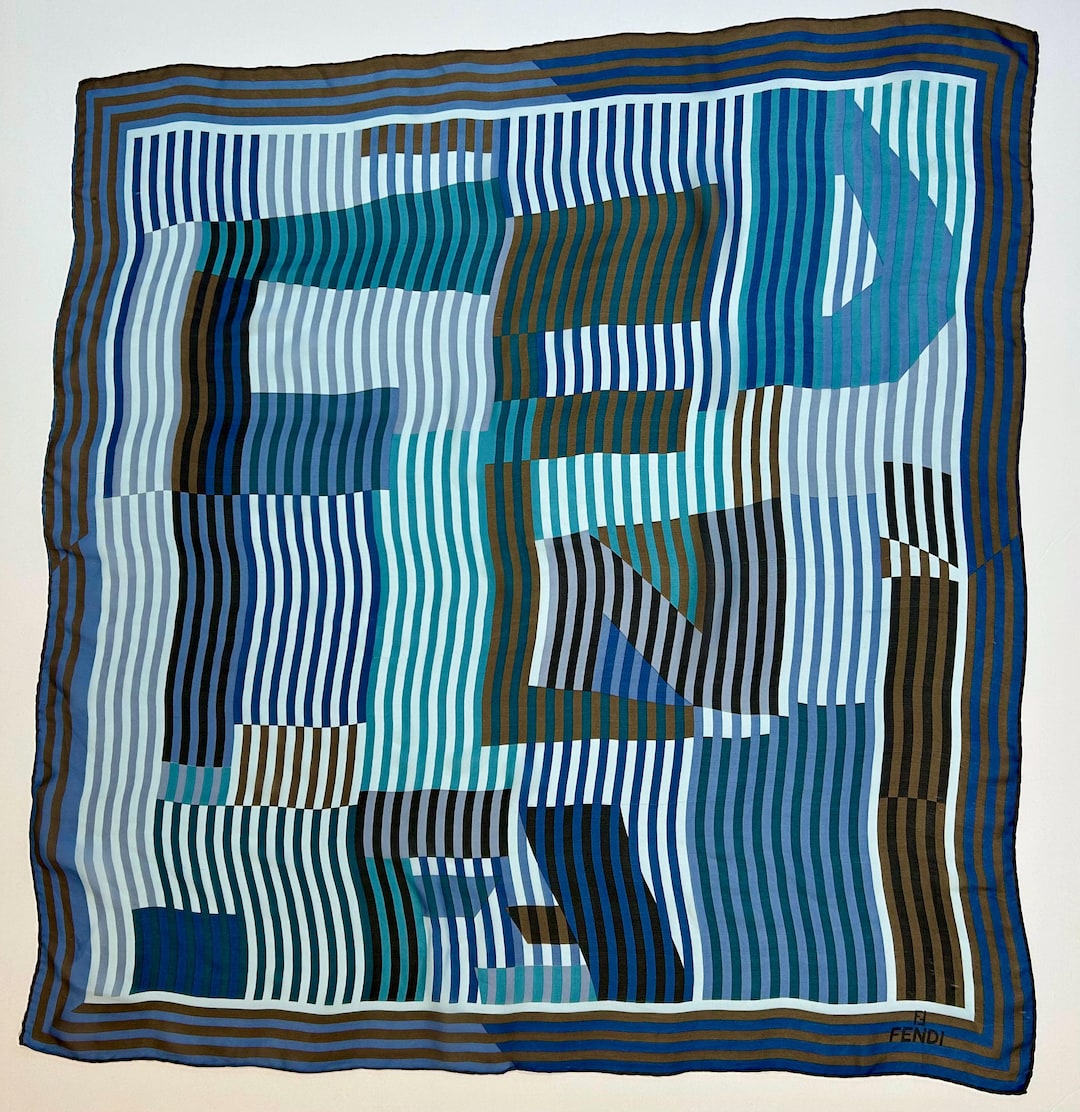 Vintage FENDI Silk Scarf – Modern Geometric Stripe Pattern in Blue