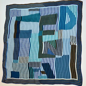 Vintage FENDI Silk Scarf – Modern Geometric Stripe Pattern in Blue, Gray, and Brown – 100 Silk Square Scarf – Designer Logo Scarf Italy
