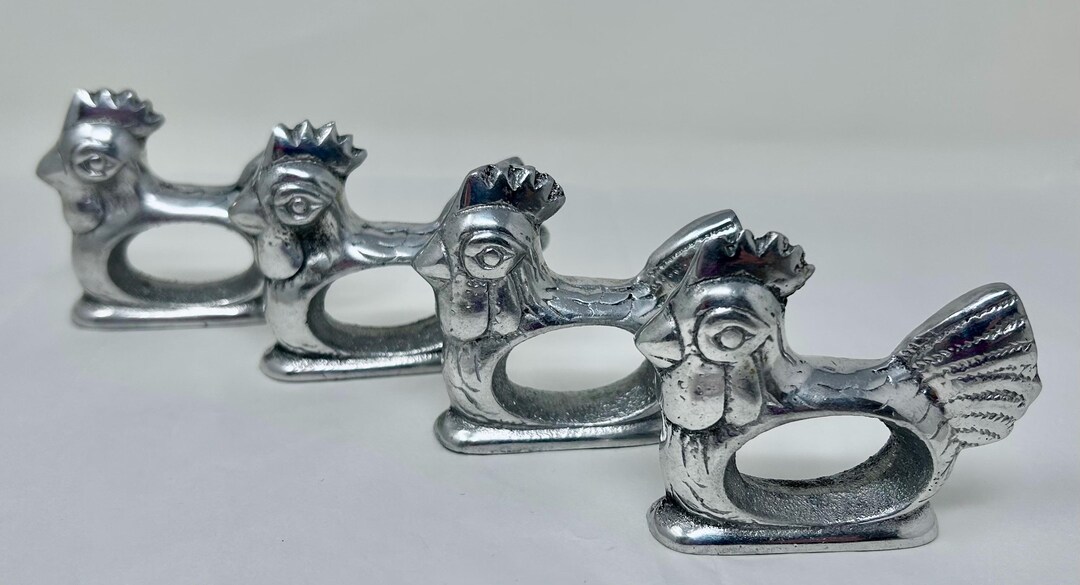 Set of Chicken Rooster Napkin Rings Holders Polished Aluminum